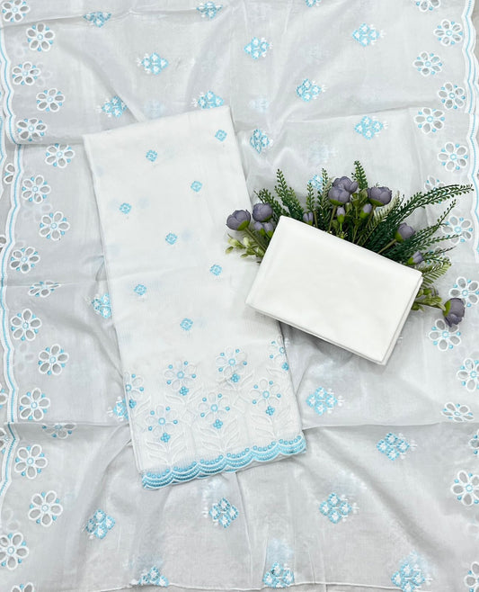 41B Cotton White With Sky Blue Color Suit Fabric / CKC Cotton Bazaar