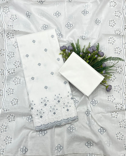 38B Cotton White With Grey Color Suit Fabric / CKC Cotton Bazaar