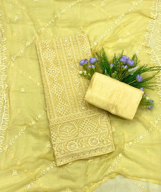 73B Lakhnavi Georgette Lemon Yellow Suit Fabric/ CKC Lakhnavi Suits
