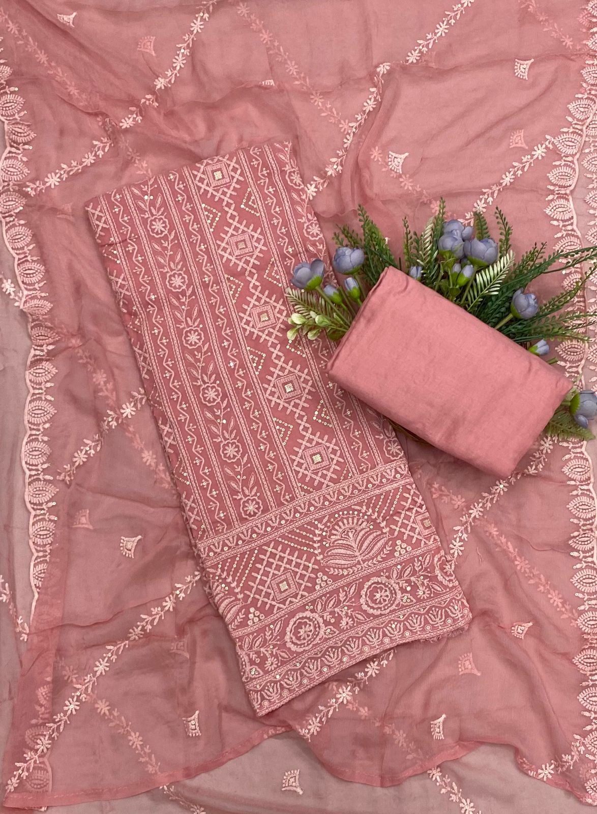 74B Lakhnavi Georgette Dusty Peach Suit Fabric/ CKC Lakhnavi Suits