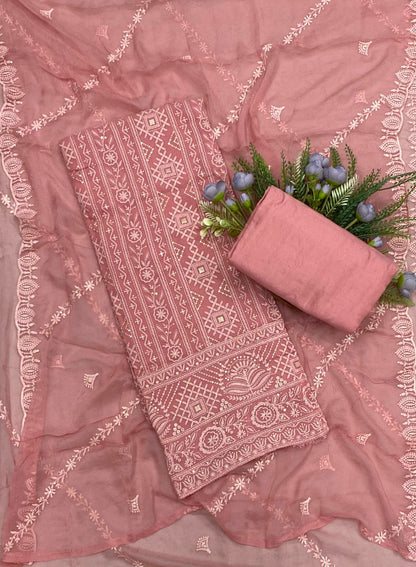 74B Lakhnavi Georgette Dusty Peach Suit Fabric/ CKC Lakhnavi Suits