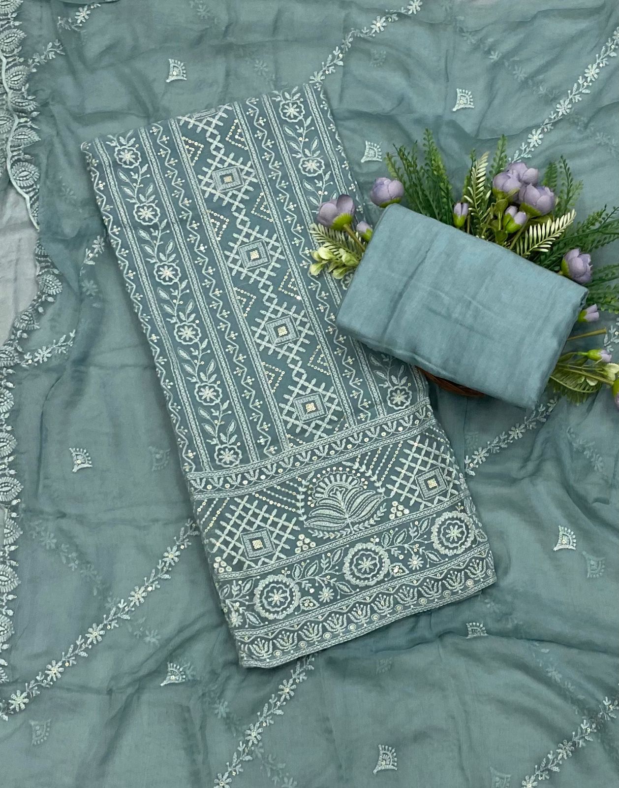 75B Lakhnavi Georgette Dusty Gray Suit Fabric/ CKC Lakhnavi Suits