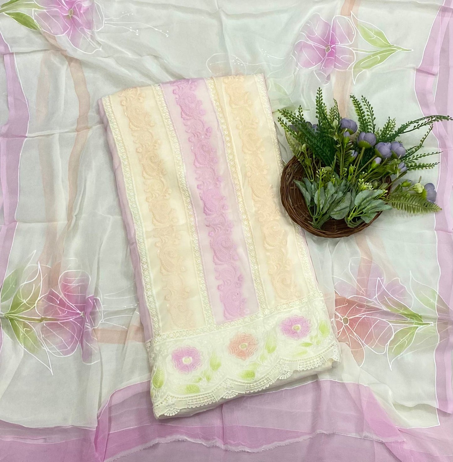 50 Georgette Cream With Pink Suit Fabric / CKC Georgette Suits