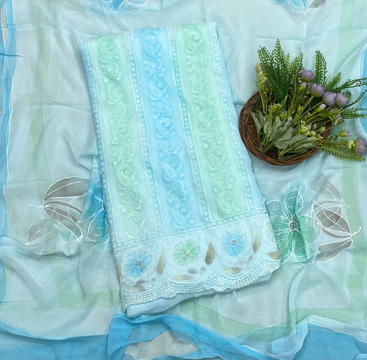 47 Georgette Ice Blue With Green Suit Fabric / CKC Georgette Suits
