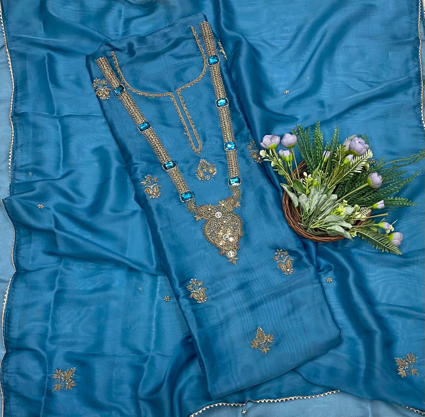 86B Self Organza Peacock Blue Suit Fabric/ CKC Partywear Collection
