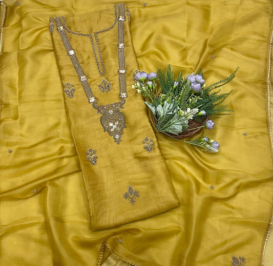 85B Self Organza Mustard Suit Fabric/ CKC Partywear Collection