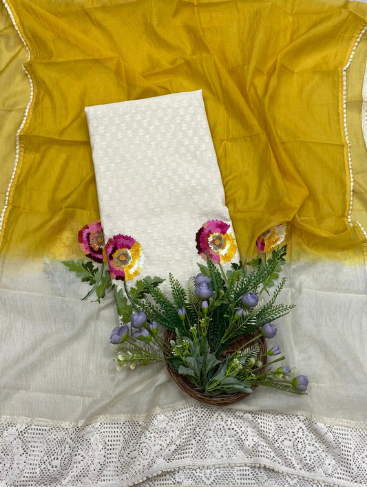 91B Mul Cotton Beige With Yellow Suit Fabric / CKC Mul Cotton