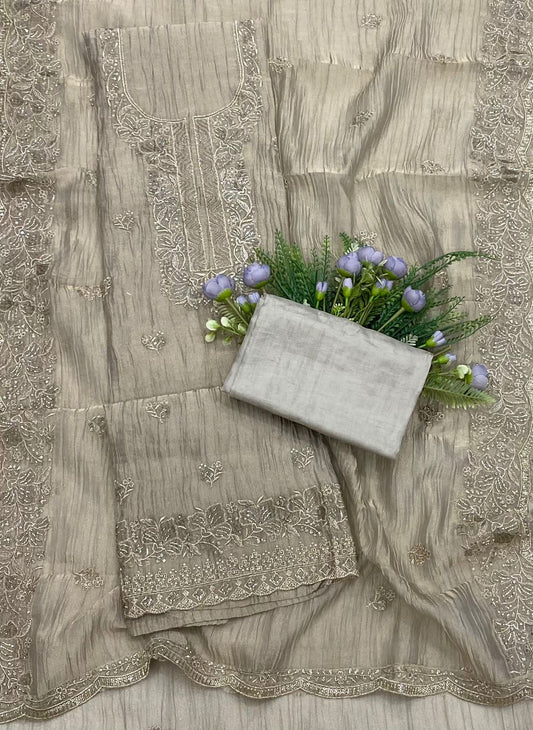 124B Crushed Tissue Pale Gray Color Suit Fabric/ CKC Partywear Collection