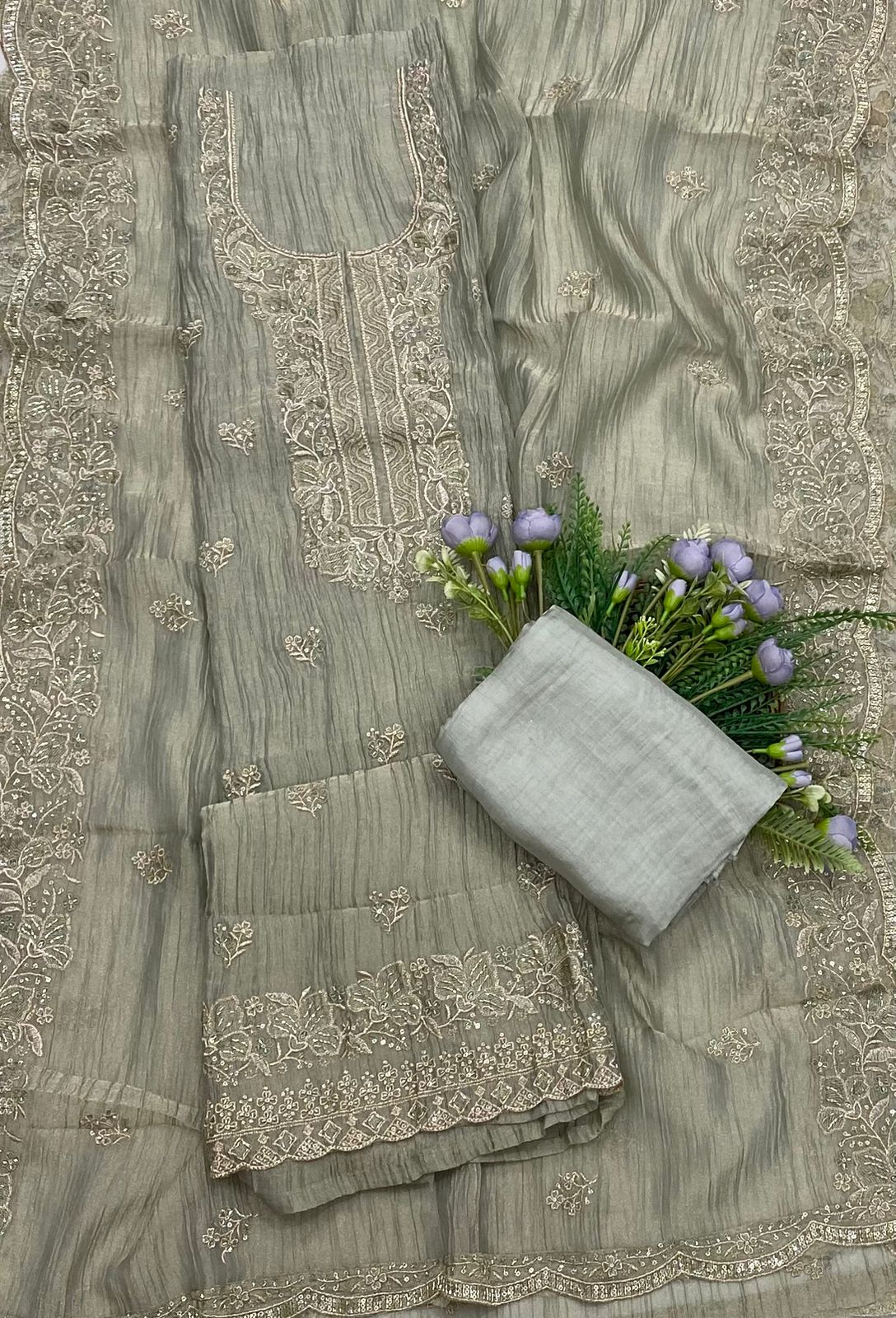 125B Crushed Tissue Pista Green Color Suit Fabric/ CKC Partywear Colle ...