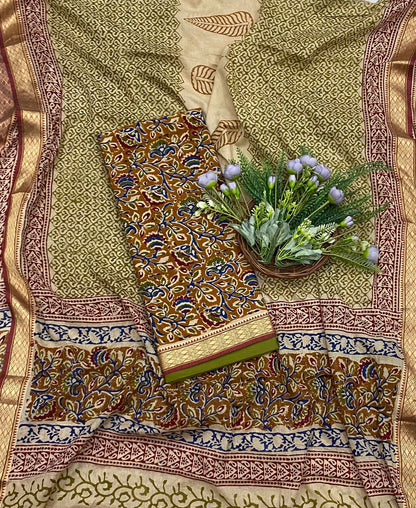 137B Cotton Mustard With Parrot Green Color Suit Fabric / CKC Cotton Bazaar