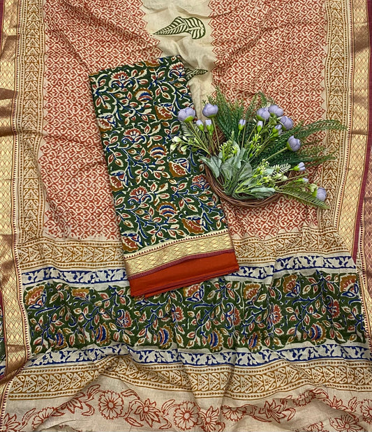 136B Cotton Green With Magenta Color Suit Fabric / CKC Cotton Bazaar