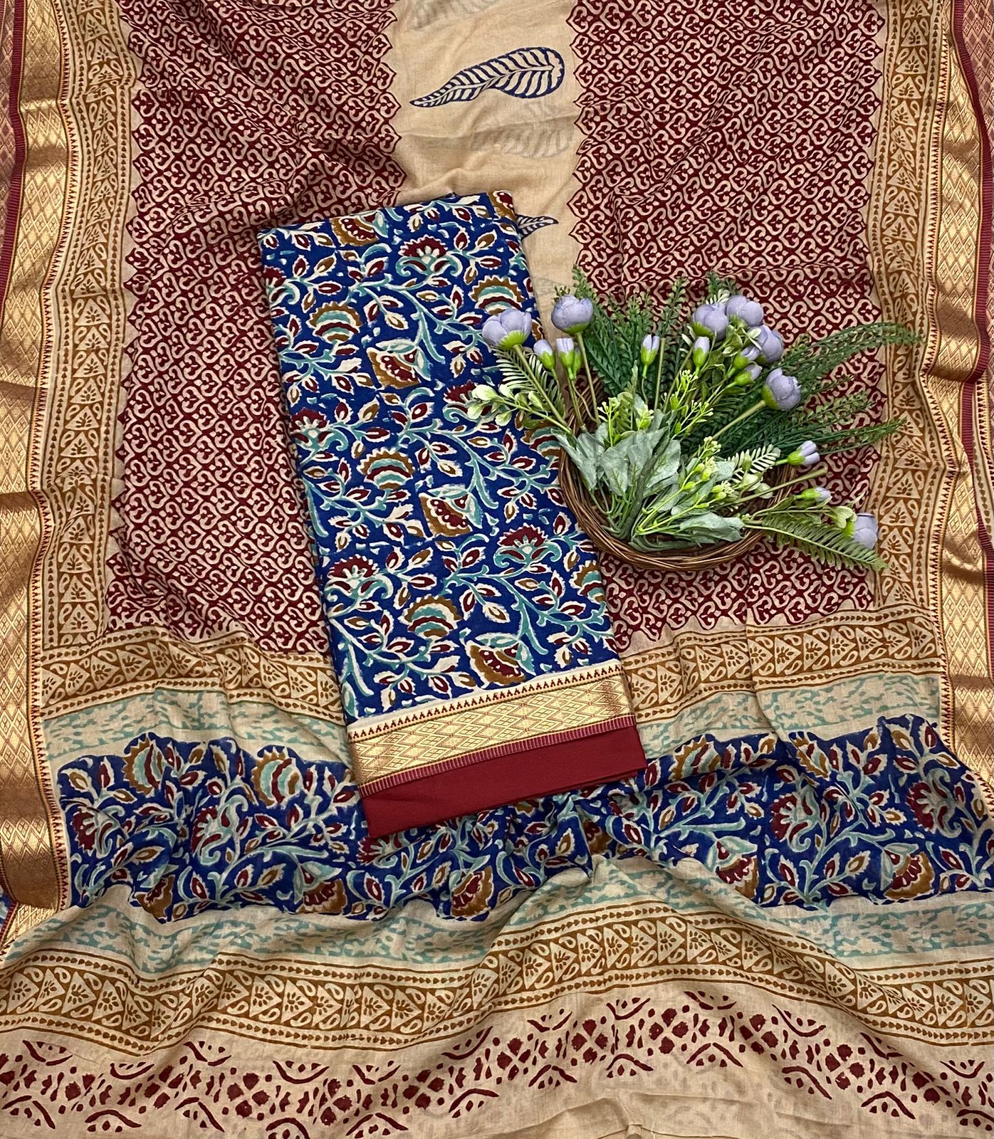 139B Cotton Blue With Maroon Color Suit Fabric / CKC Cotton Bazaar