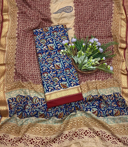 139B Cotton Blue With Maroon Color Suit Fabric / CKC Cotton Bazaar