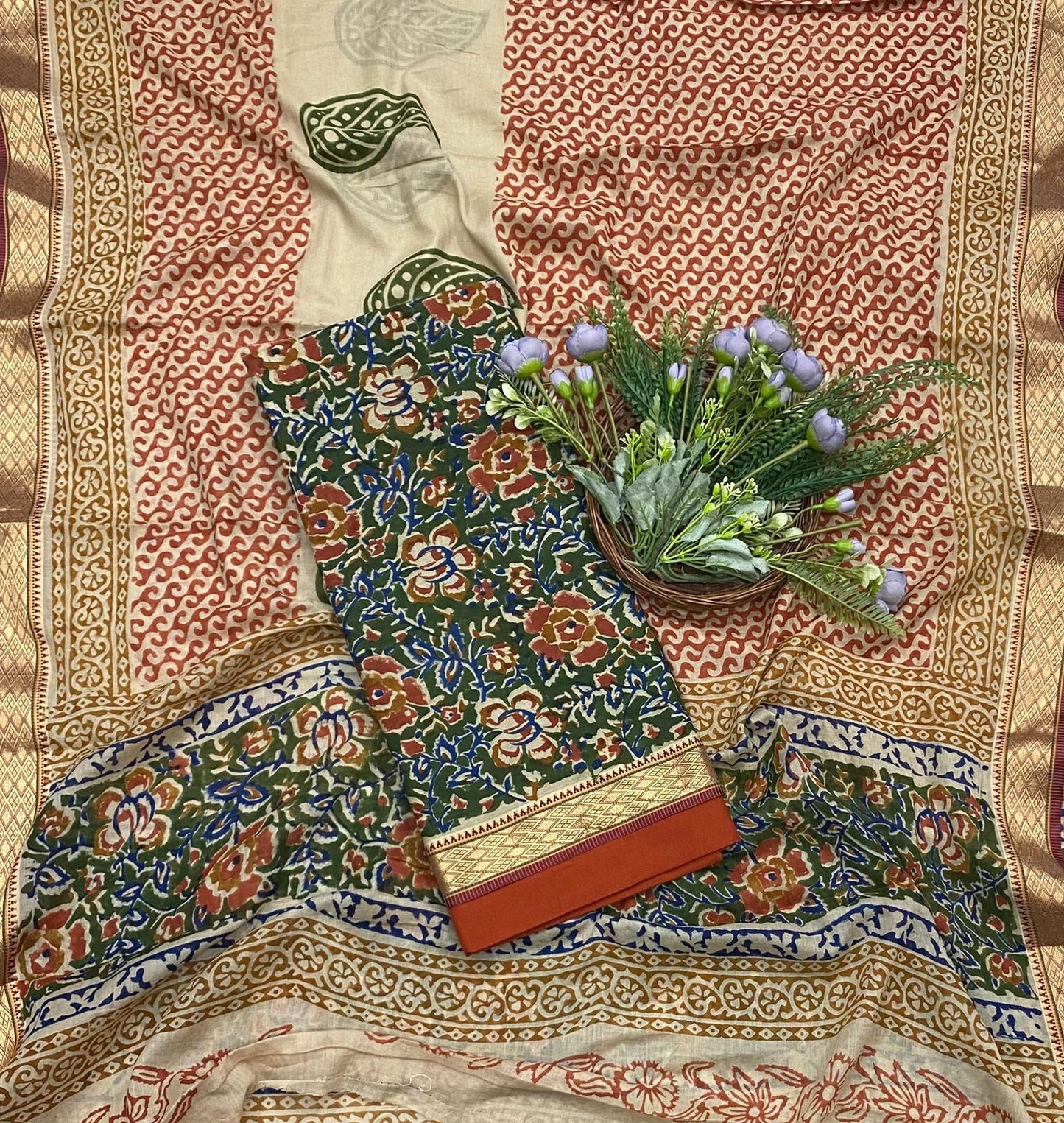 141B Cotton Green With Maroon Color Suit Fabric / CKC Cotton Bazaar