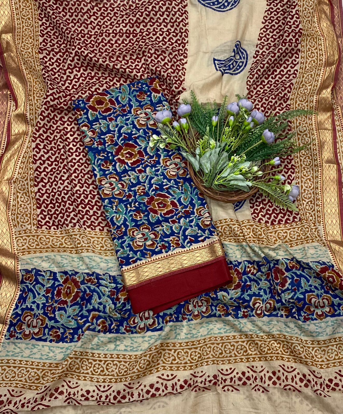 144B Cotton Blue With Red Color Suit Fabric / CKC Cotton Bazaar
