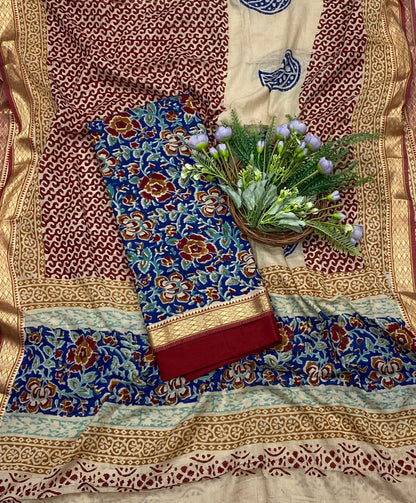 144B Cotton Blue With Red Color Suit Fabric / CKC Cotton Bazaar