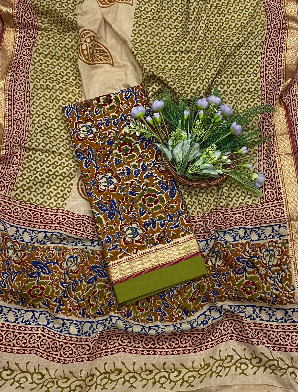 143B Cotton Mustard With Green Color Suit Fabric / CKC Cotton Bazaar