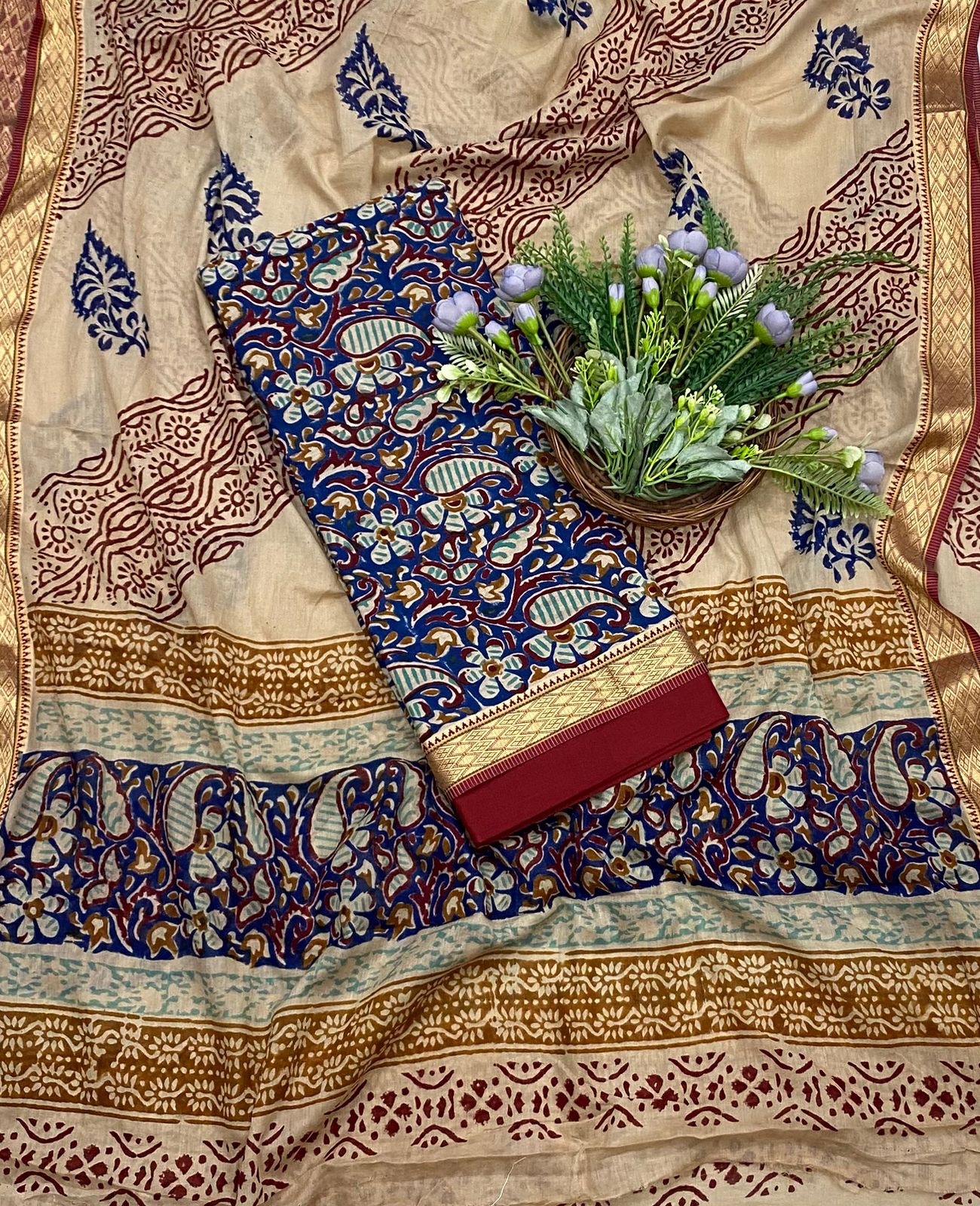 157B Cotton Navy Blue With Red Color Suit Fabric / CKC Cotton Bazaar