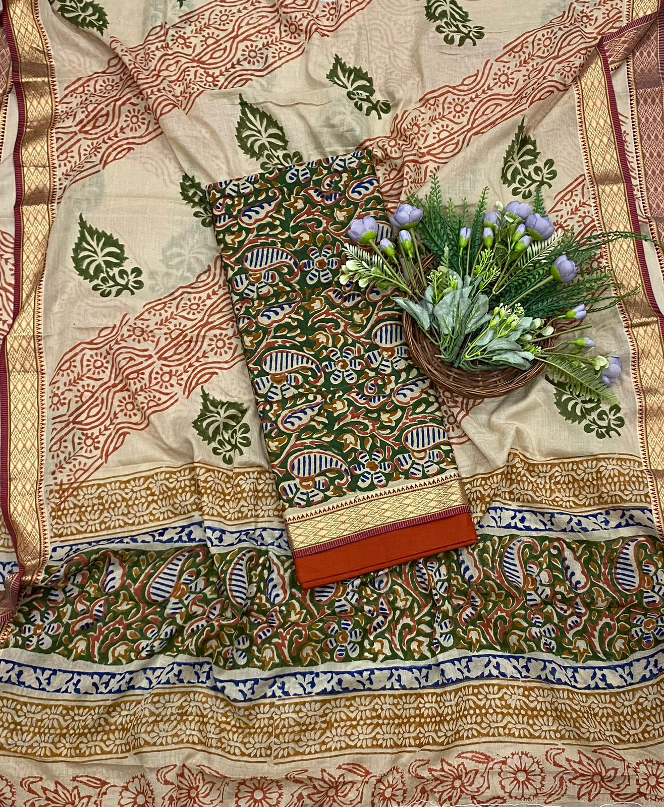 160B Cotton Green With Orange Color Suit Fabric / CKC Cotton Bazaar