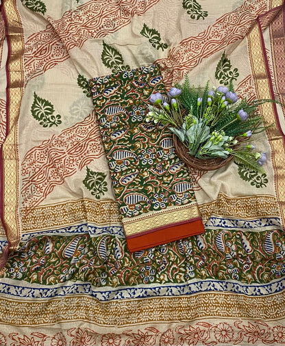 160B Cotton Green With Orange Color Suit Fabric / CKC Cotton Bazaar
