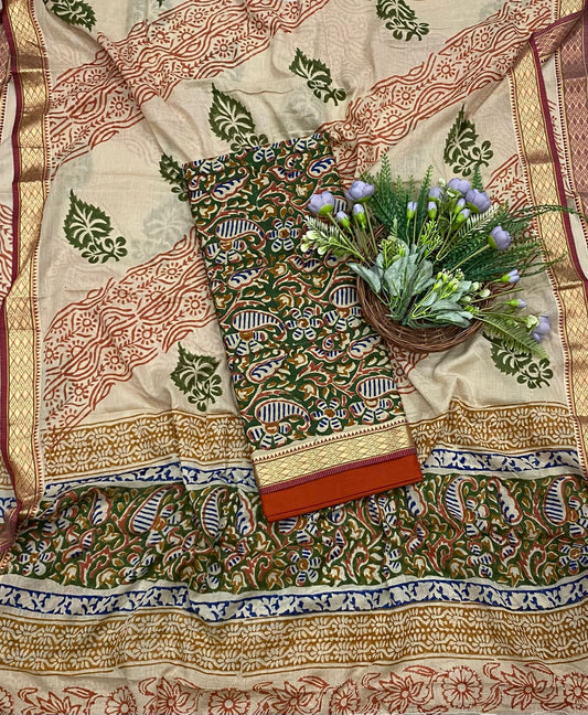 160B Cotton Green With Orange Color Suit Fabric / CKC Cotton Bazaar