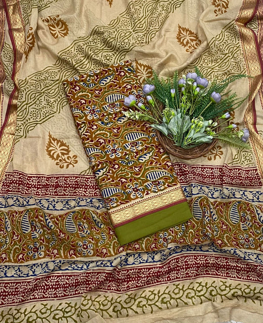 158B Cotton Mustard With Mehndi Color Suit Fabric / CKC Cotton Bazaar