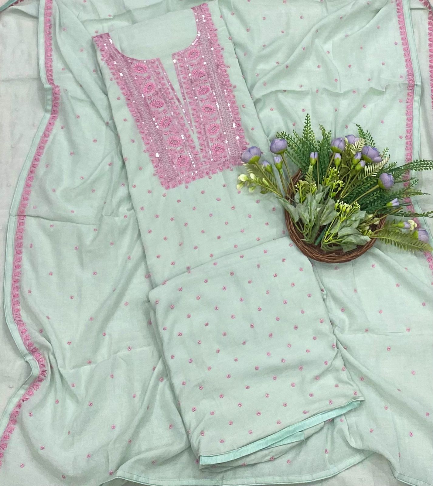 179B Mul Cotton Light Green Color Suit Fabric / CKC Mul Cotton