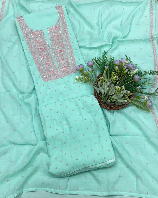 178B Mul Cotton Ferozi Color Suit Fabric / CKC Mul Cotton