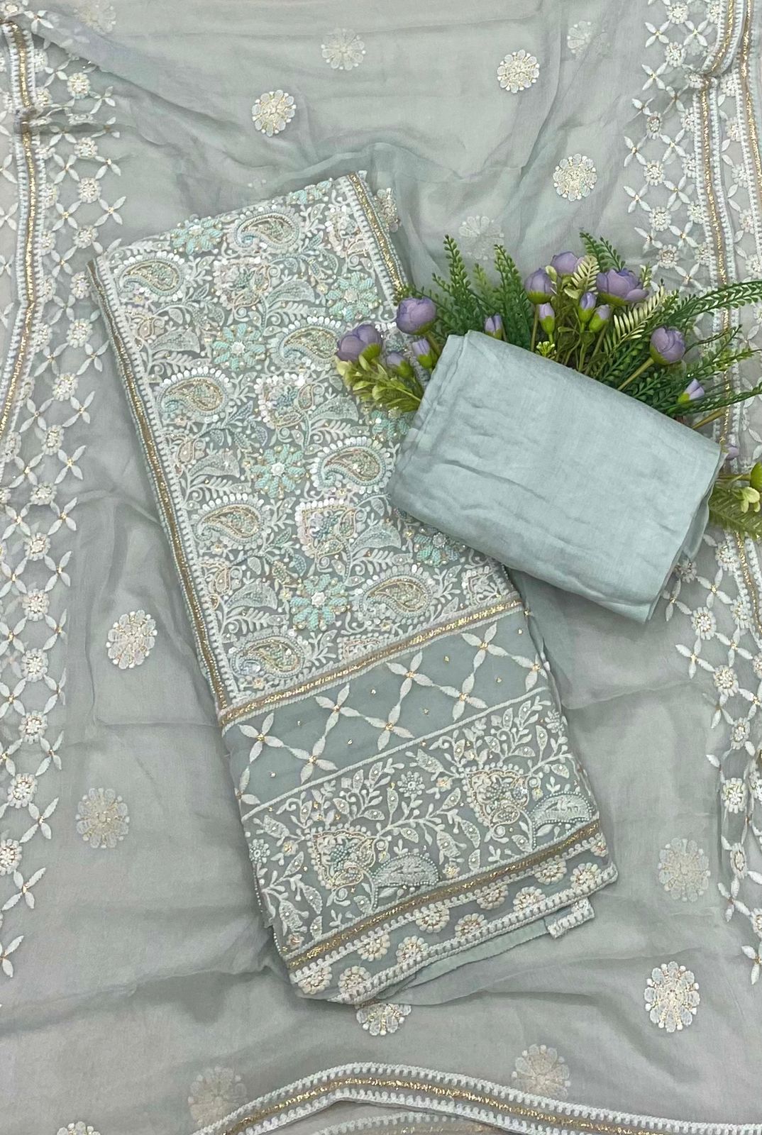 176B Lakhnavi Georgette Sea Green Suit Fabric/ CKC Lakhnavi Suits