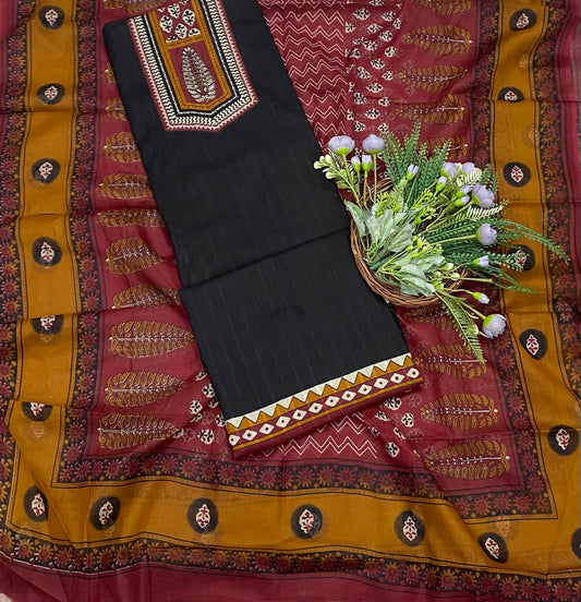 189B Cotton Black With Mustard Color Suit Fabric / CKC Cotton Bazaar