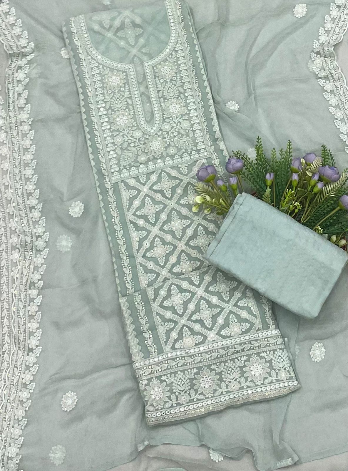 181B Lakhnavi Georgette Sea Green Color Suit Fabric/ CKC Lakhnavi Suits