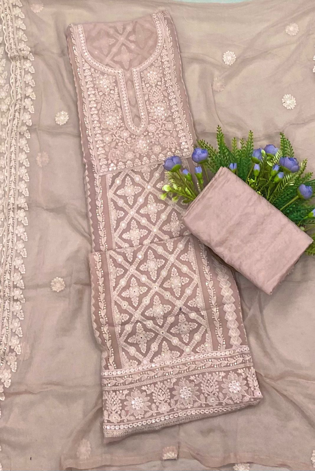 183B Lakhnavi Georgette Dusty Rose Color Suit Fabric/ CKC Lakhnavi Suits