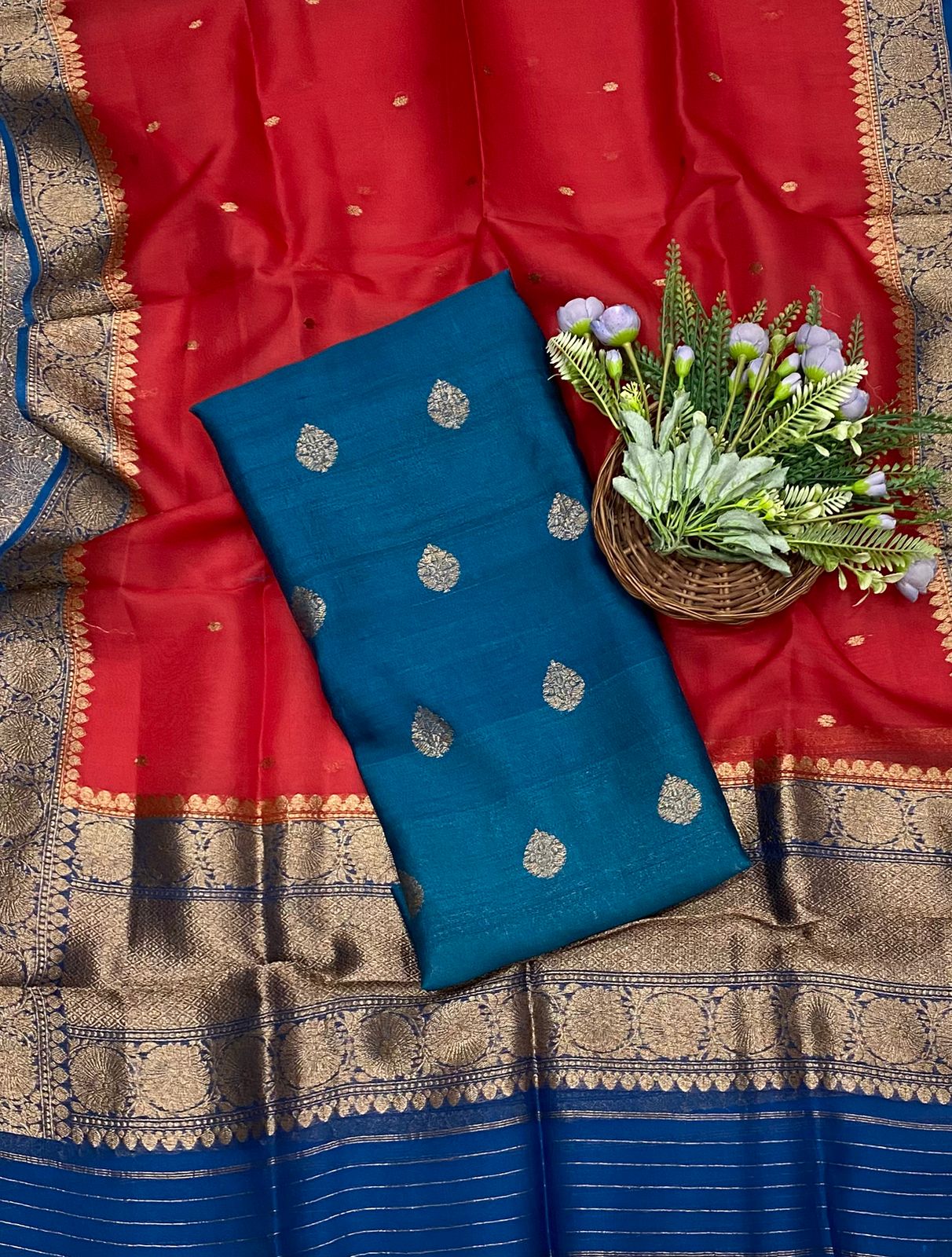 Pure Khaddi silk peacock blue and Red Suit Fabric / CKC Banarasi Suits
