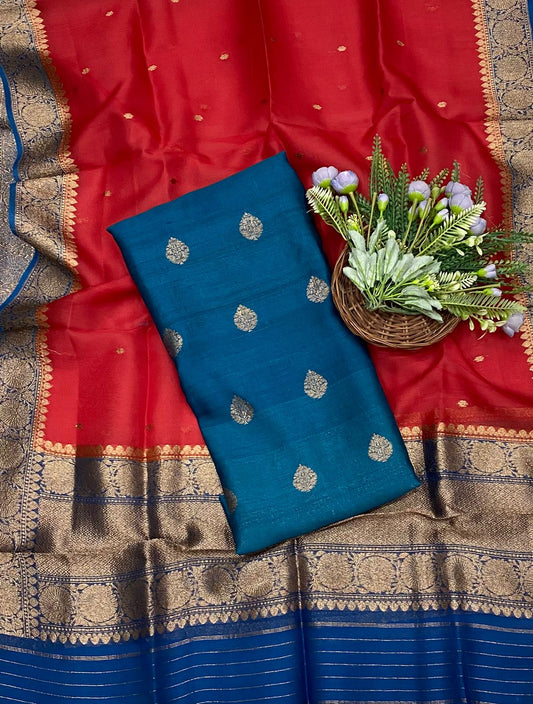 Pure Khaddi silk peacock blue and Red Suit Fabric / CKC Banarasi Suits