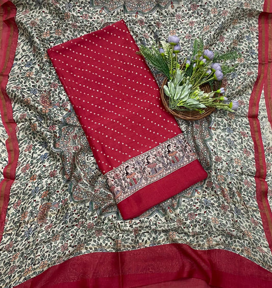 322B Mahashwari Dark Red Suit Fabric / CKC Maheshwari Suits