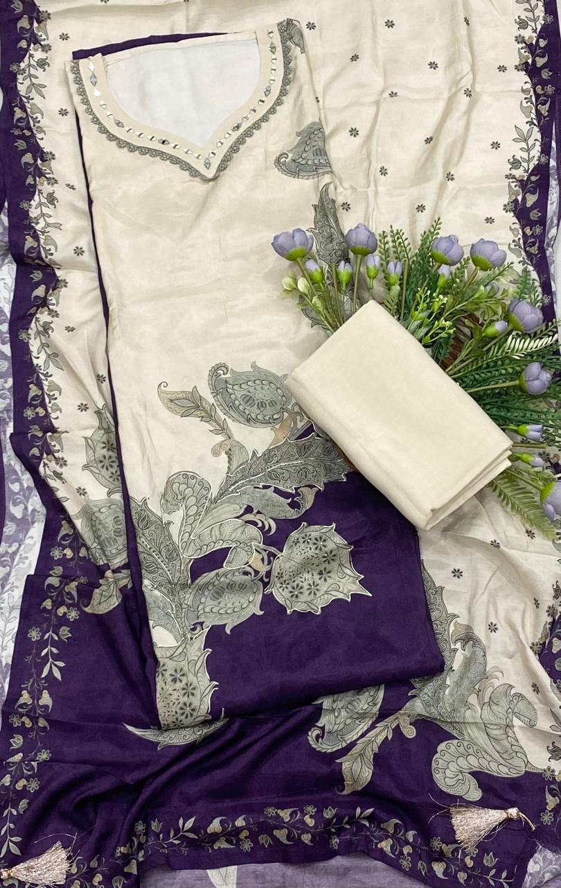 229B Tassar Cotton Cream With Purple Suit Fabric/ CKC Tassar Suits