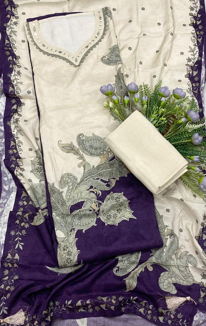 229B Tassar Cotton Cream With Purple Suit Fabric/ CKC Tassar Suits