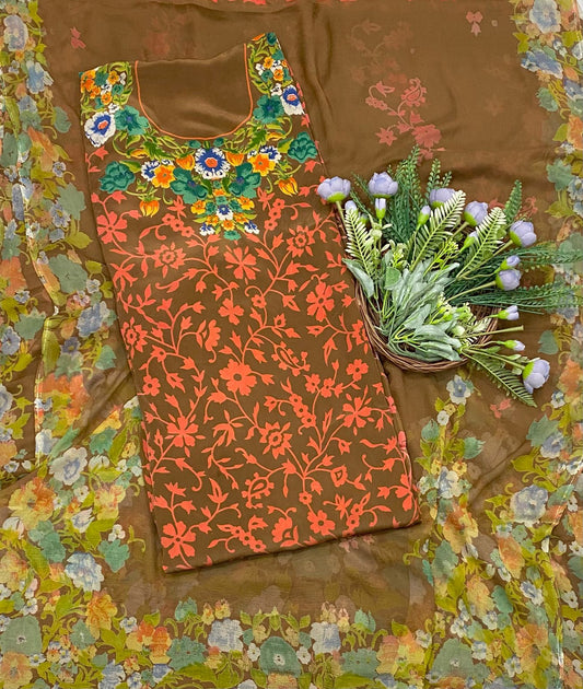 चिनॉन क्रेप ग्रे सूट फैब्रिक / फूलों का घर
