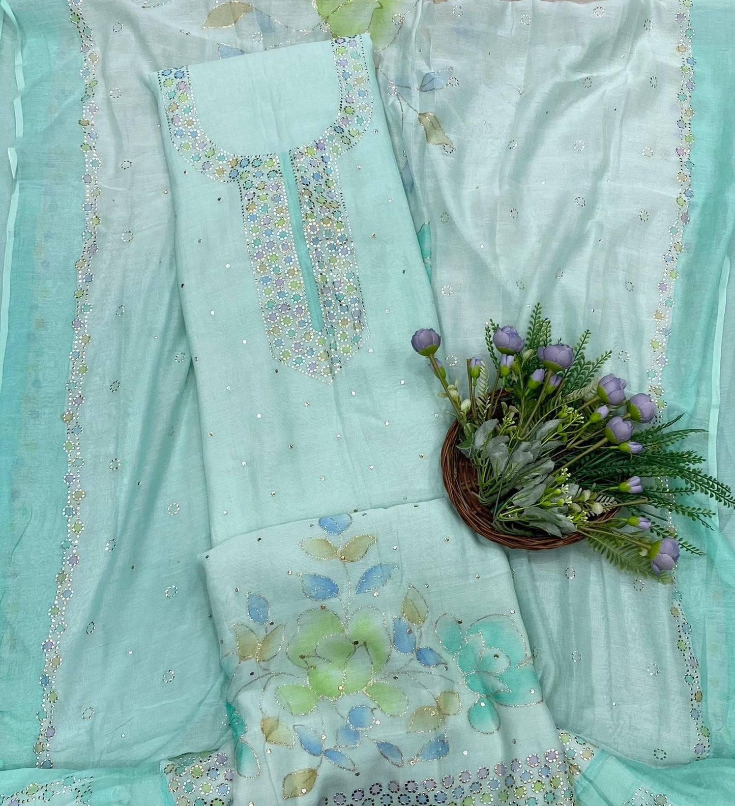 310B Pure Mul Cotton Mint Green Color Suit Fabric / CKC Mul Cotton
