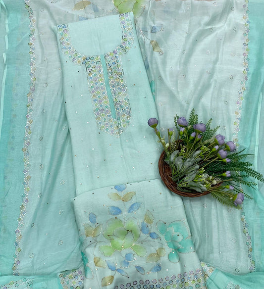 310B Pure Mul Cotton Mint Green Color Suit Fabric / CKC Mul Cotton