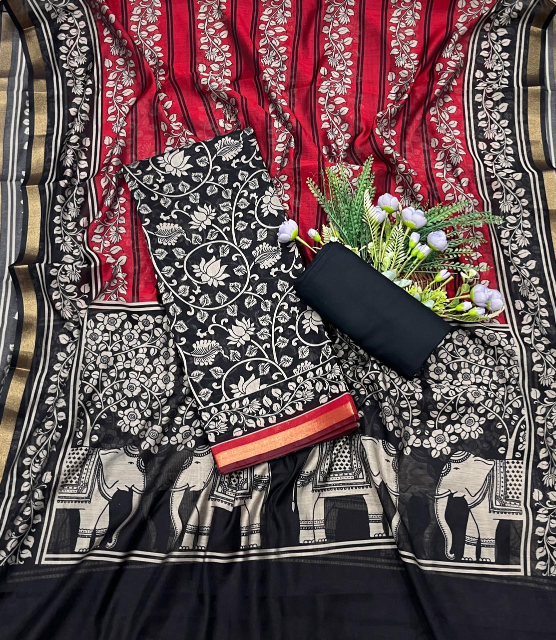 766A Mahashwari Black With Red Suit Fabric / CKC Maheshwari Suits