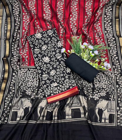 766A Mahashwari Black With Red Suit Fabric / CKC Maheshwari Suits