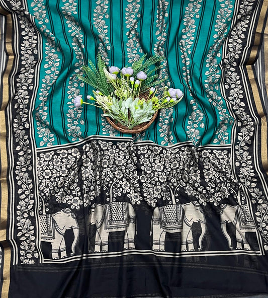 767A Mahashwari Black With Sea Green Suit Fabric / CKC Maheshwari Suits