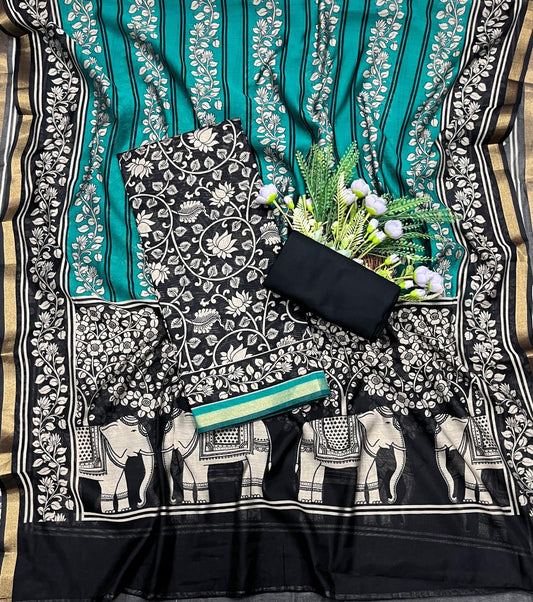 767A Mahashwari Black With Sea Green Suit Fabric / CKC Maheshwari Suits