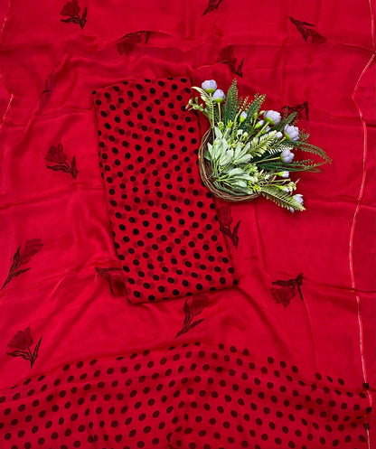334B Georgette Polka Dot Red Suit Fabric / CKC Polka Story