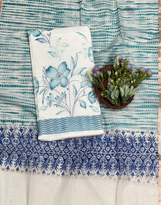 CKC 621 Mul Chanderi White With Blue Suit Fabric/ CKC Mul Cotton