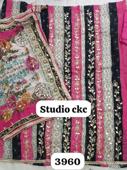 Organza Off White With Dark Pink Suit Fabric/ CKC Partywear Collection