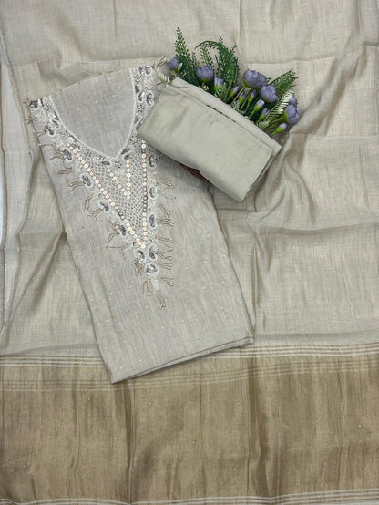 42C Mul Jamdani Beige suit Fabric / CKC Mul Cotton