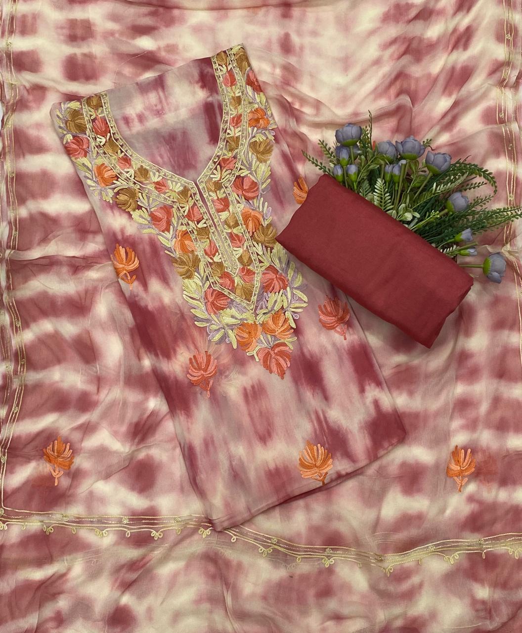 101C Georgette Aari Wine Red With Cream Fabric / CKC Georgette Suits