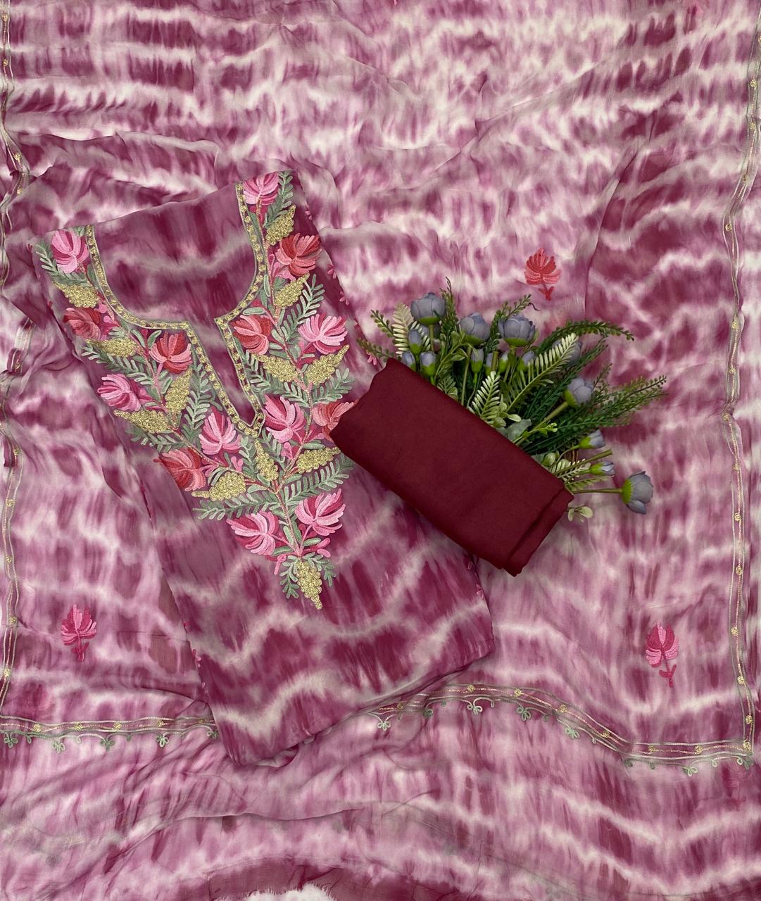 93C Georgette Aari Dark Pink Suit Fabric / CKC Georgette Suits